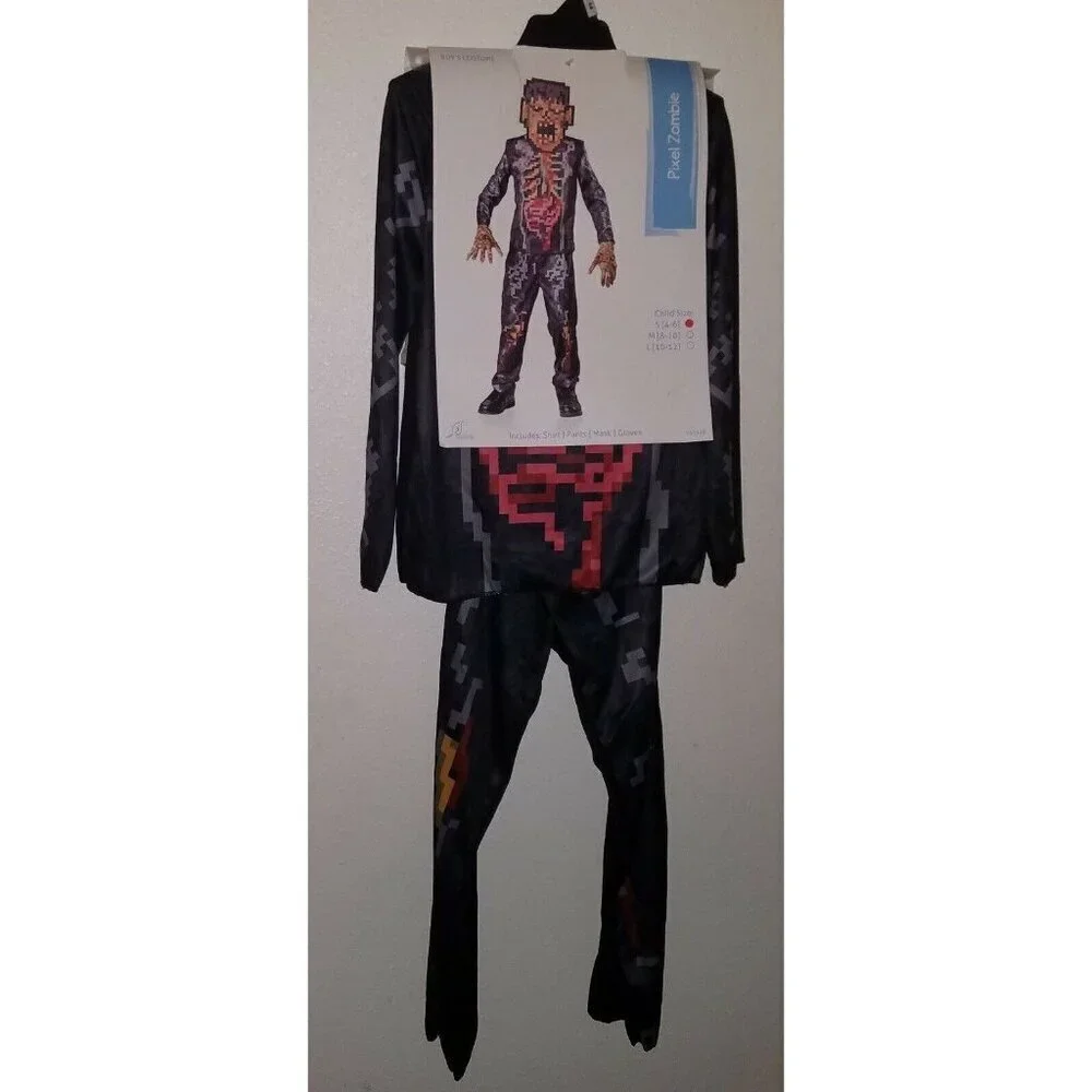 NEW Pixel Zombie Halloween Costume Boys Small 4-6 Shirt Pants Mask Gloves